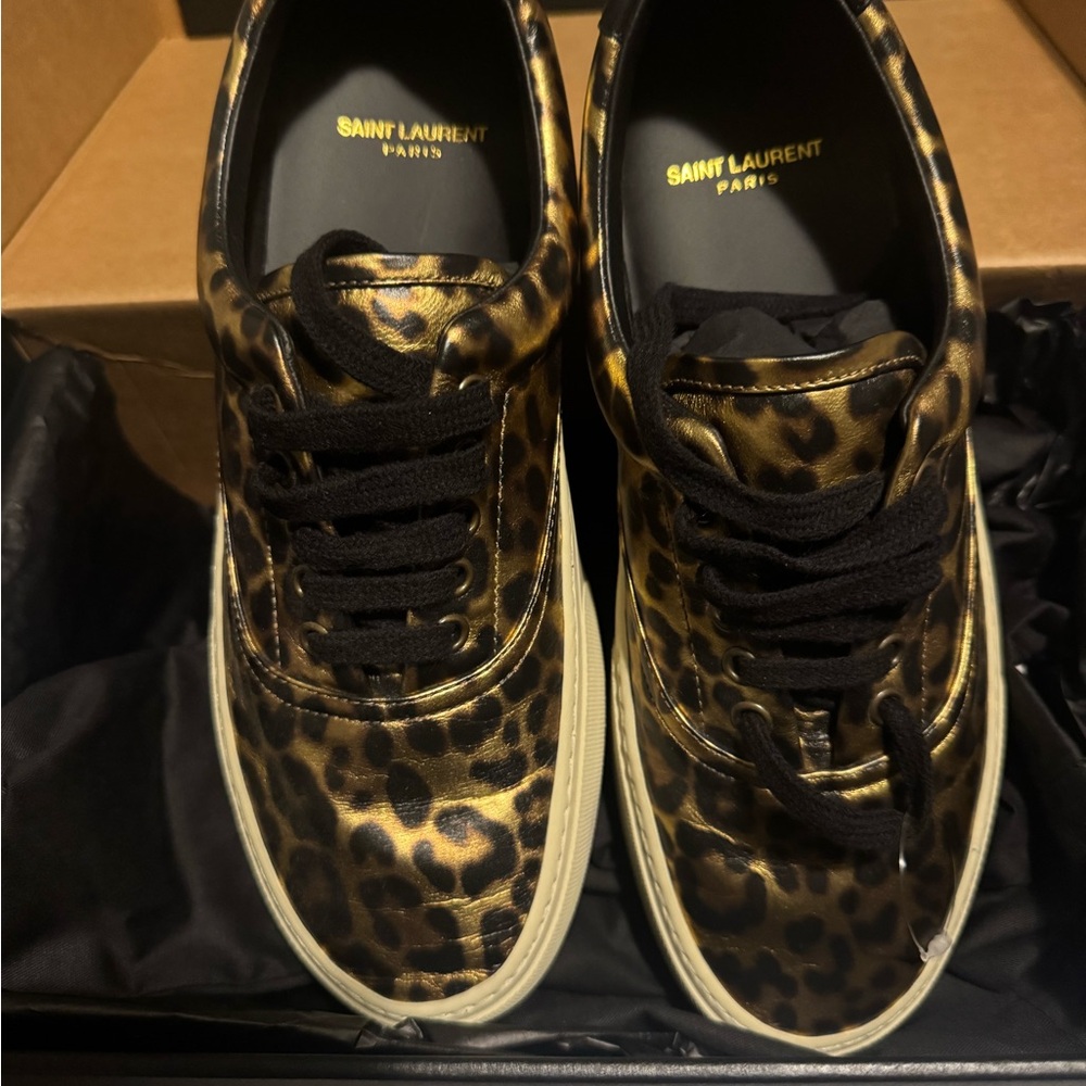 Saint Laurent Gold and Black Leopard Sneakers (NEW)